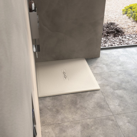 Receveur Kinemoon Style texture pierre lunaire blanc 90x90 bonde centrale - KINEDO RD754 