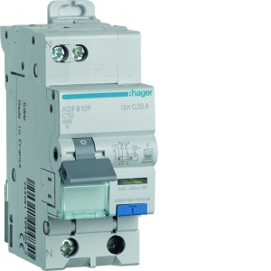 Disjoncteur différentiel 1P+N 4,5kA C-10A 30mA type F  - HAGER ADF810F 