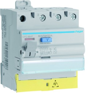 Interrupteur différentiel 3P+N 63A 300mA type AC à bornes décalées  50/60HZ - HAGER CFC864F 