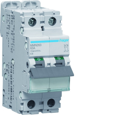 Disjoncteur magnétique 2P 15kA 63A 400V access. indicateur IEC 947-2 - HAGER MMN263 