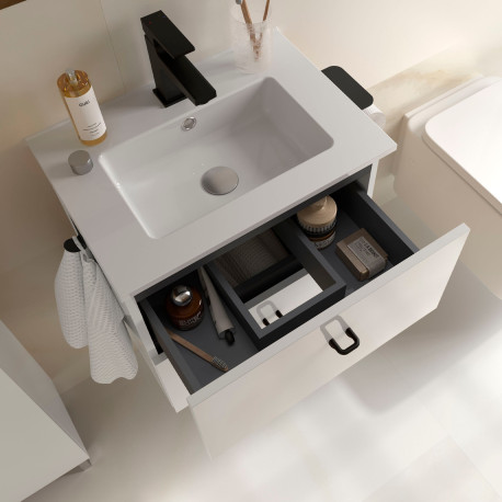 Meuble De Salle De Bain Inara 500, Fond Réduit, 2 Tiroirs Blanc Brillant + Lavabo - SALGAR 113673 