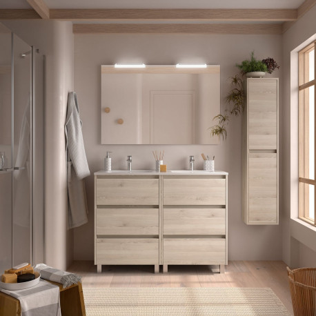 Meuble salle de bains 120cm 6 tiroirs et miroir Chêne Naturel NOJA - SALGAR 106202