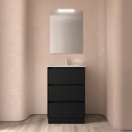 Meuble salle de bains 60cm 3 tiroirs et miroir Black Satin NOJA - SALGAR 105621