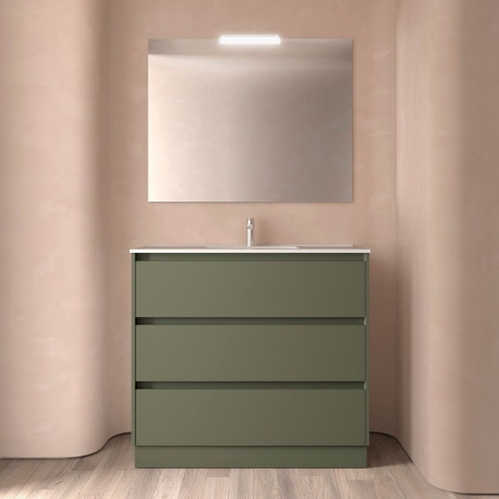 Meuble salle de bains 100cm 3 tiroirs et miroir Green Satin NOJA - SALGAR 106191