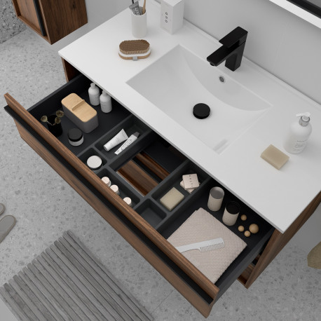 Meuble salle de bains + Vasque 100cm 2 tiroirs Noyer Maya ATTILA - SALGAR 104921