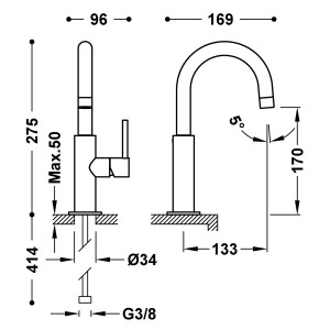 Mitigeur avec manette latérale pour lavabo Volcanic - TRES 26290403VO 