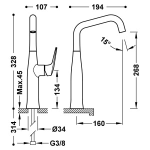 Mitigeur haut avec manette latérale pour lavabo Noir Bronze - TRES 28164701KMB
