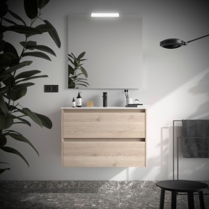 Meuble salle de bains 90cm 2 tiroirs Chêne Naturel NOJA - SALGAR 105423