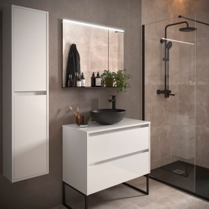 Meuble salle de bains et plan de toilette 90cm 2 tiroirs Blanc Brillant NOJA - SALGAR 105498