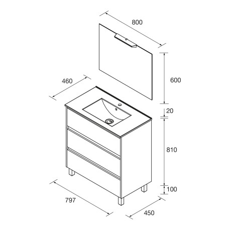 Meuble salle de bains 80cm 3 tiroirs et miroir Green Satin NOJA - SALGAR 105632