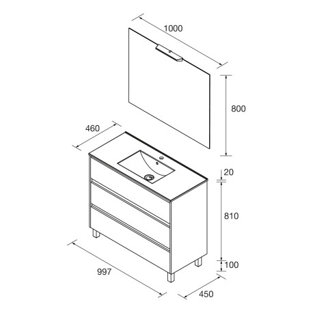 Meuble salle de bains 100cm 3 tiroirs et miroir Chêne Africain NOJA - SALGAR 106194