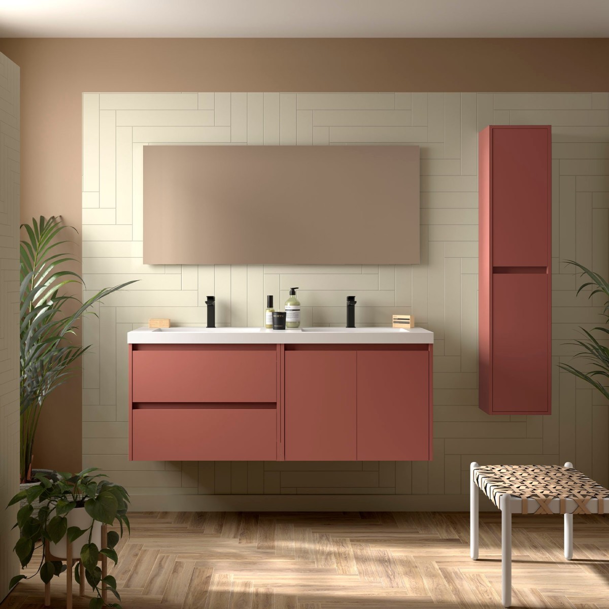 Meuble salle de bains 1400mm 2 tiroirs 2 portes Red Satin Noja