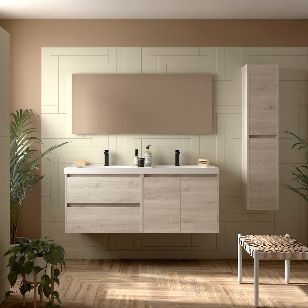 Meuble salle de bains 1400mm 2 tiroirs 2 portes Chêne Africain Noja