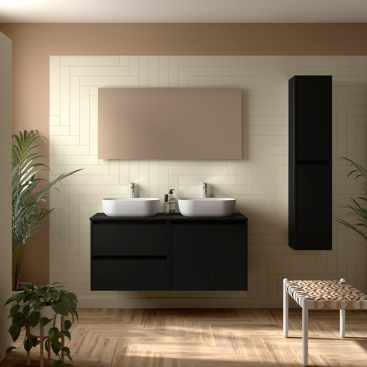 Meuble salle de bains 1400mm 2 tiroirs 2 portes Black Satin Noja