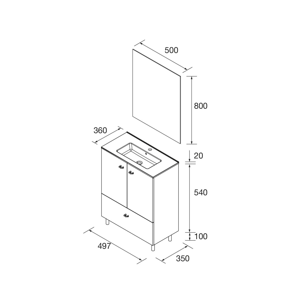 Ensemble meuble salle de bains, miroir et plan de vasque 70cm 1 tiroir, 2 portes Blanc Brillant INARA - SALGAR 113714