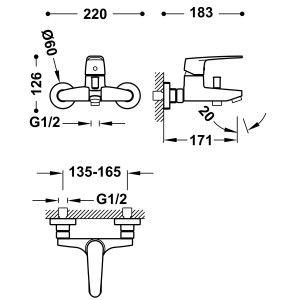 Mitigeur mural pour baignoire et douche Chromé - TRES 22017001 