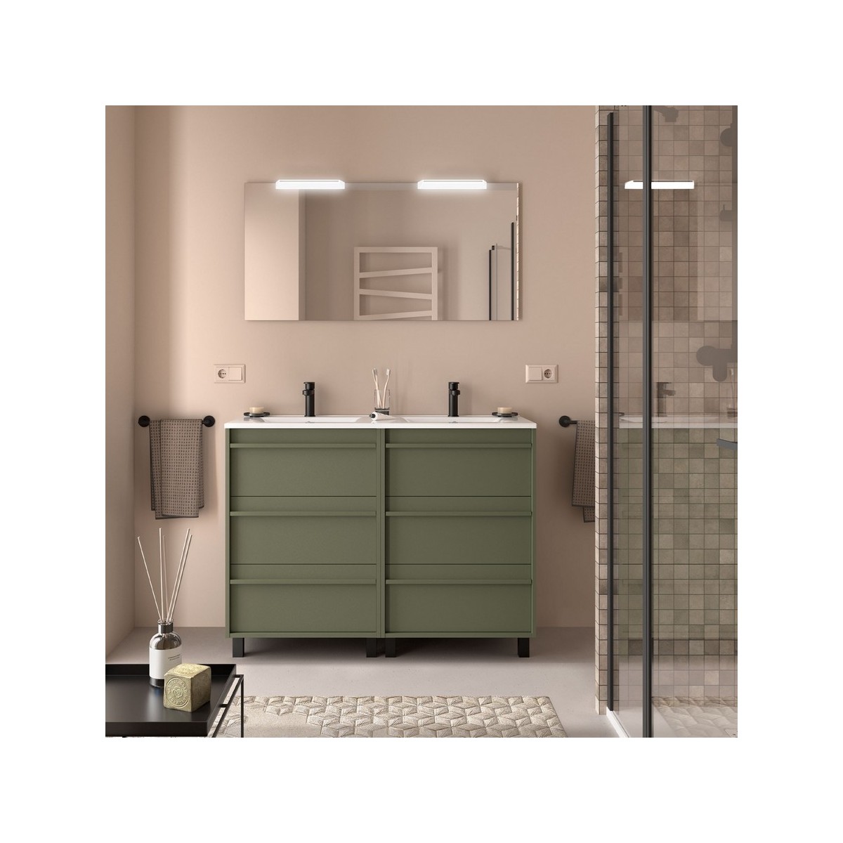 Ensemble meuble vasque salle de bain ATTILA 1200 6 tiroirs Green satin P450 - SALGAR 105131 