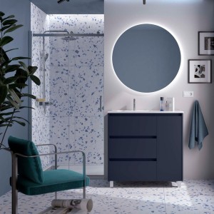 Ensemble meuble et vasque NOJA II 900 3T1P droite - vasque à gauche Blue satin P450 - SALGAR 118132 