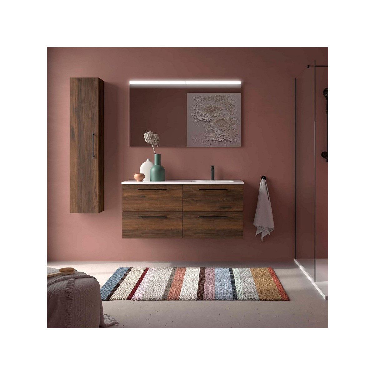 Ensemble Meuble Plan vasque et miroir SILANE 1200 4 tiroirs Noyer Maya P450 - SALGAR 118745 