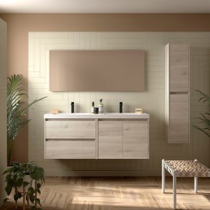Ensemble Meuble Plan Vasque Miroir Applique NOJA II 1400 2 tiroirs 2 portes Chêne Naturel P450 - SALGAR 119261 
