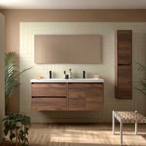 Ensemble Meuble Plan Vasque Miroir Applique NOJA II 1400 2 tiroirs 2 portes Noyer Maya P450 - SALGAR 119263 