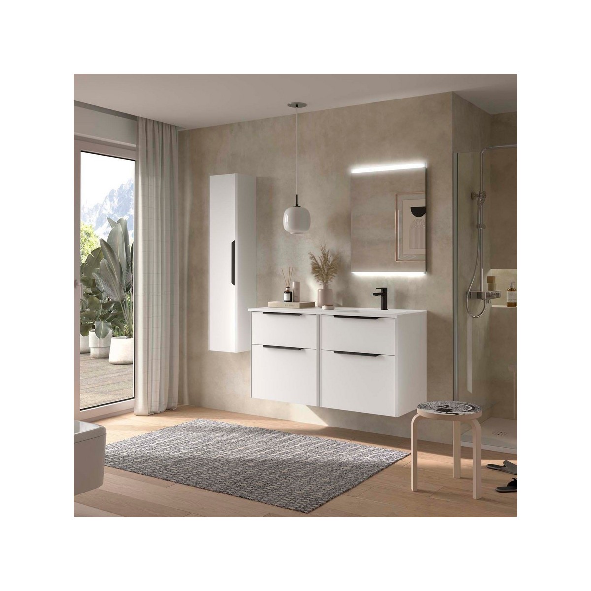 Ensemble Meuble Plan vasque et miroir LUVA 1200 4 tiroirs Blanc satiné P450 - SALGAR 119781 