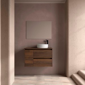 Ensemble Meuble de salle de bain et plan de toilette NOJA II 900 2T1P gauche - vasque à droite Noyer Maya P450 - SALGAR 118269 