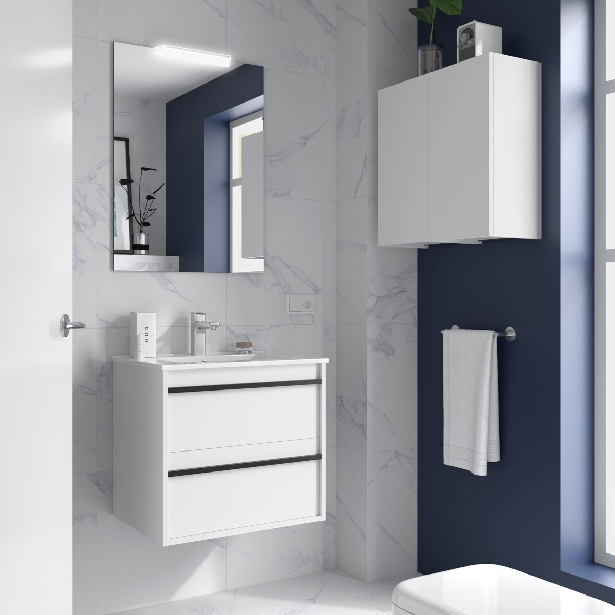 Ensemble meuble vasque salle de bain ATTILA 700 2 tiroirs Blanc satiné P450 - SALGAR 104707 