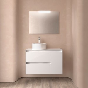 Ensemble Meuble de salle de bain et plan de toilette NOJA II 900 2T1P droite - vasque à gauche Blanc Brillant P450 - SALGAR 1182