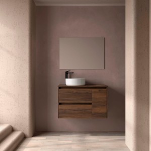 Ensemble Meuble Plan Vasque Miroir Applique NOJA II 900 2T1P droite - vasque à gauche Noyer Maya P450 - SALGAR 118353 