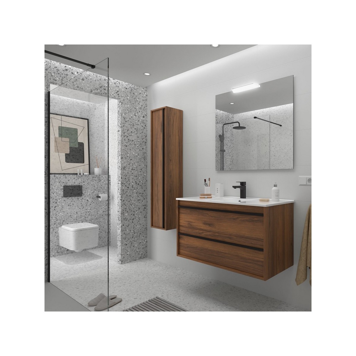 Ensemble meuble vasque salle de bain ATTILA 1000 2 tiroirs Noyer Maya P450 - SALGAR 104730 