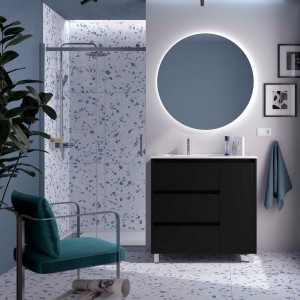 Ensemble meuble et vasque NOJA II 900 3T1P droite - vasque à gauche Black satin P450 - SALGAR 118131 
