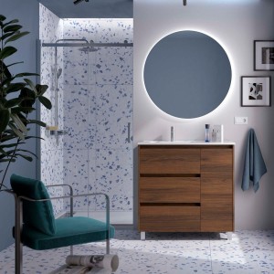 Ensemble Meuble Plan Vasque Miroir Applique NOJA II 900 3 tiroirs Noyer Maya P450 - SALGAR 118373 