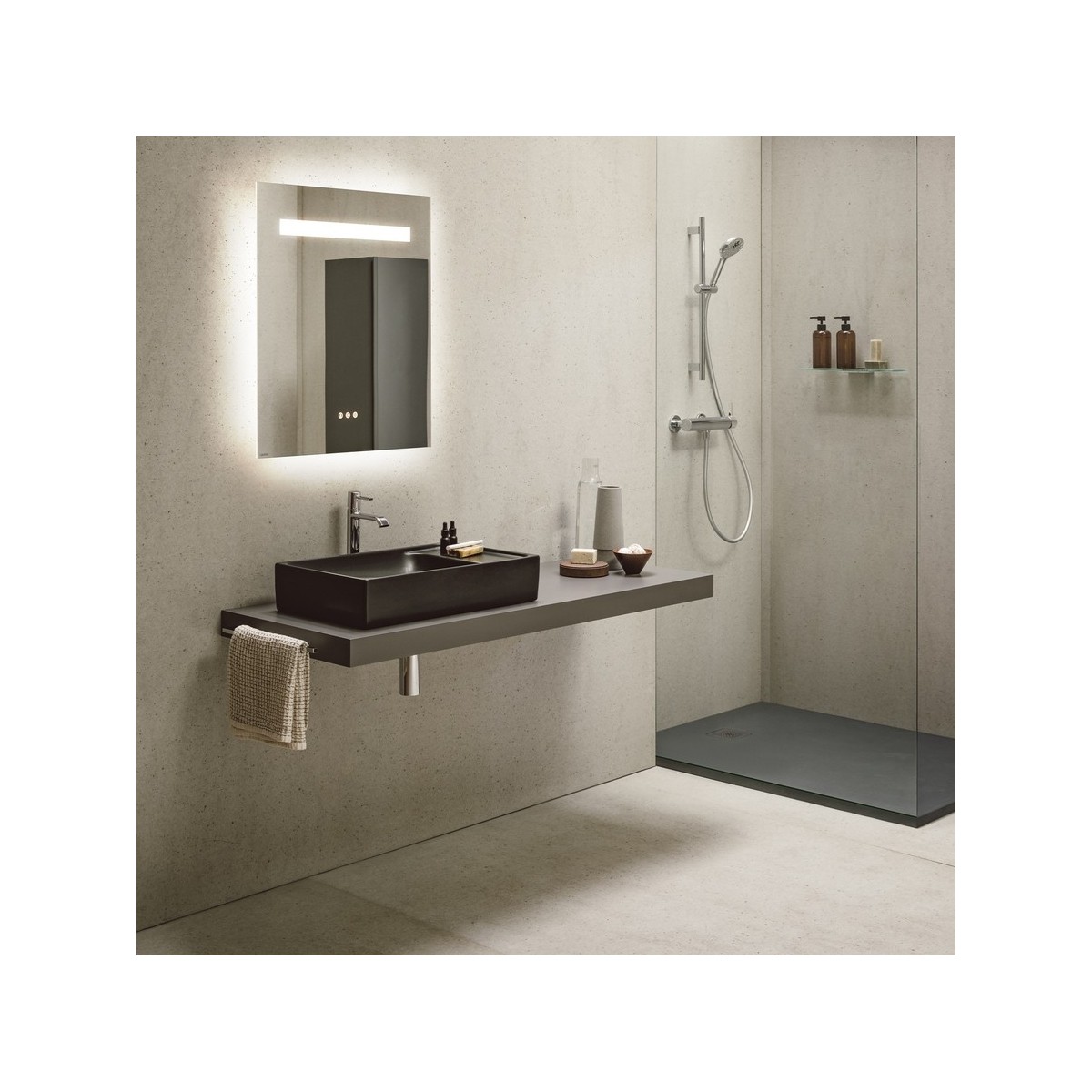 Meda vasque à poser avec plage de robinetterie à gauche graphite mat 600x350x120 - LAUFEN H8121137581091 