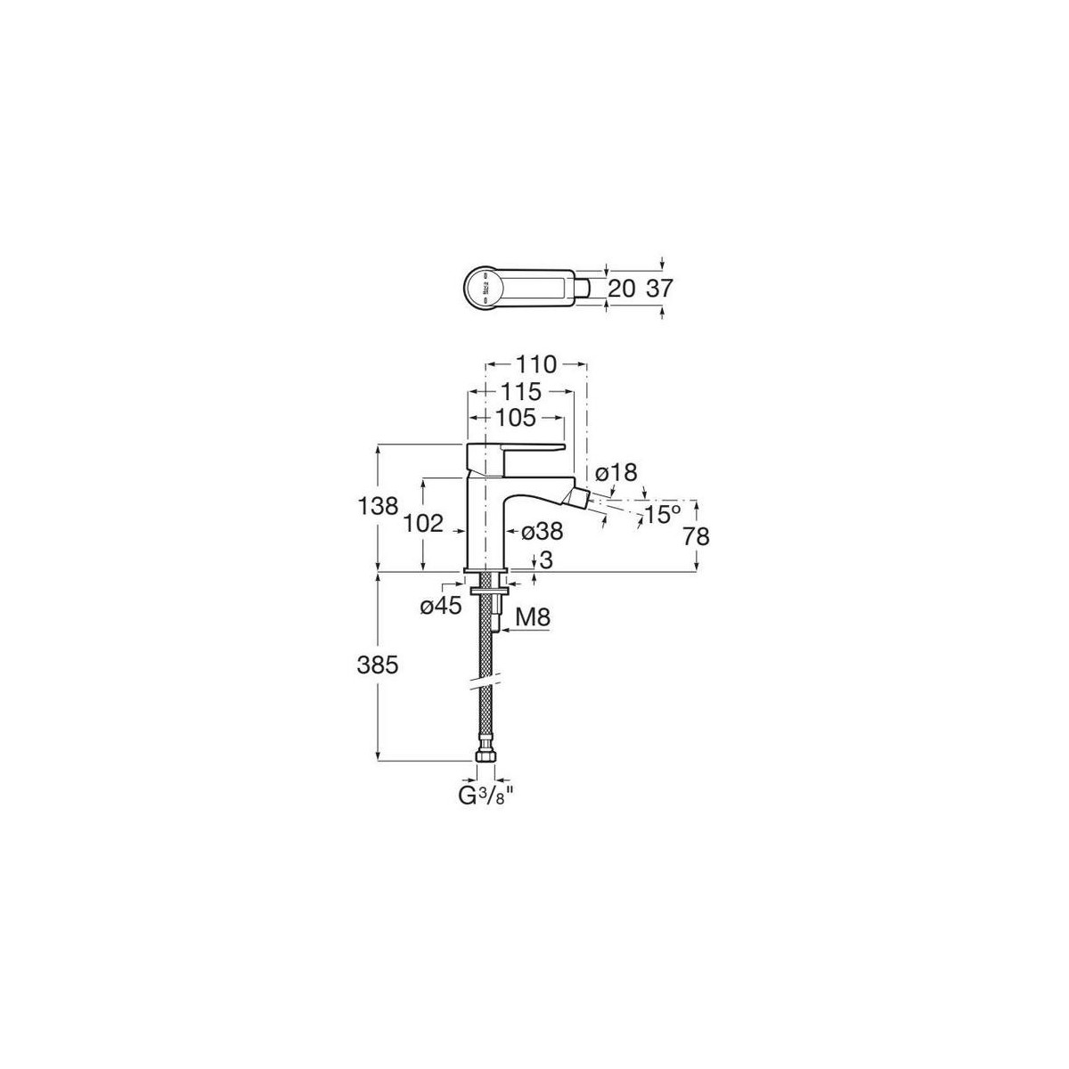 Targa mitigeur pour bidet corps lisse sans vidage noir mat - ROCA A5A625FNB0 