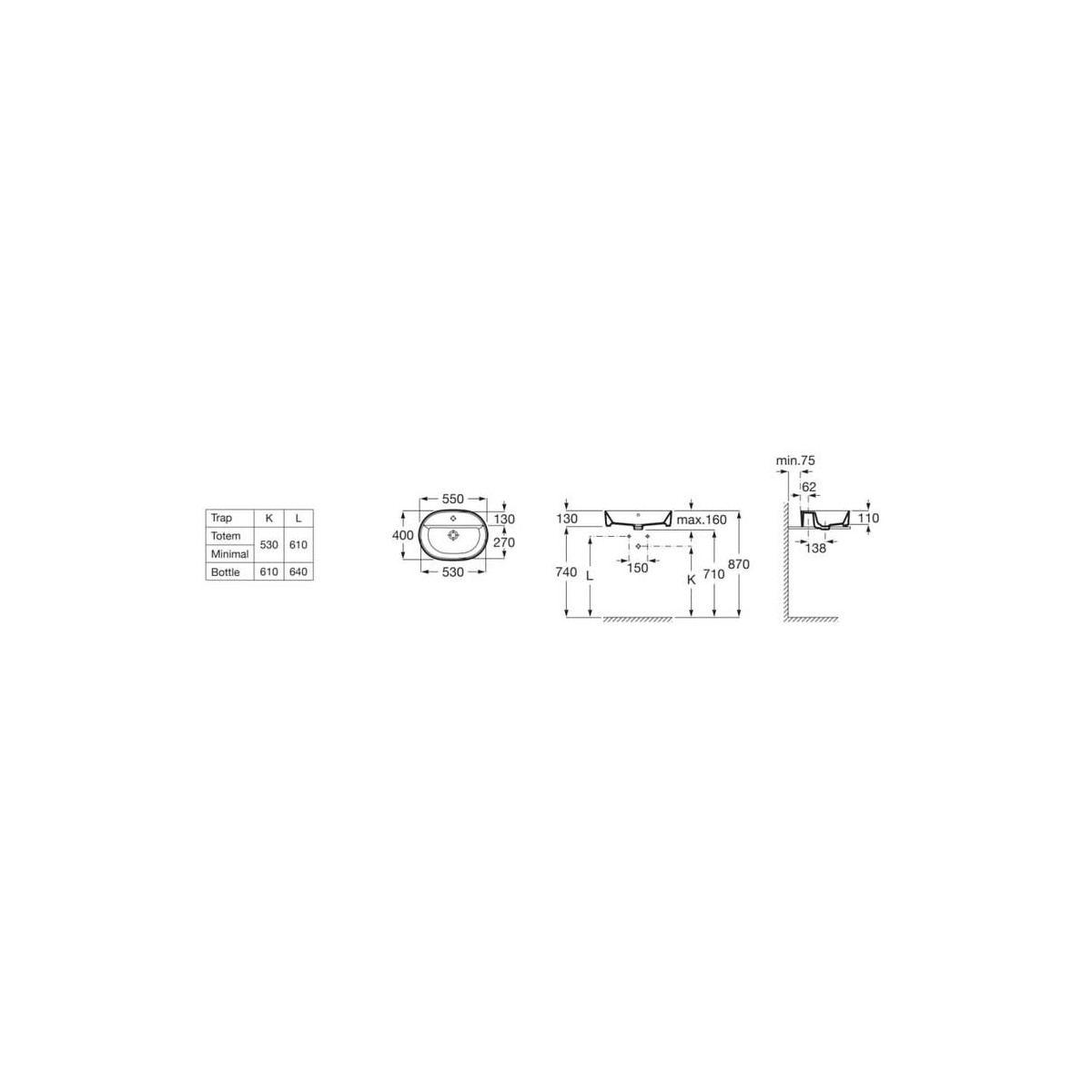 The gap round vasque à poser percée 1 trou 550x400x130 cm blanc - ROCA A3270Y0000 