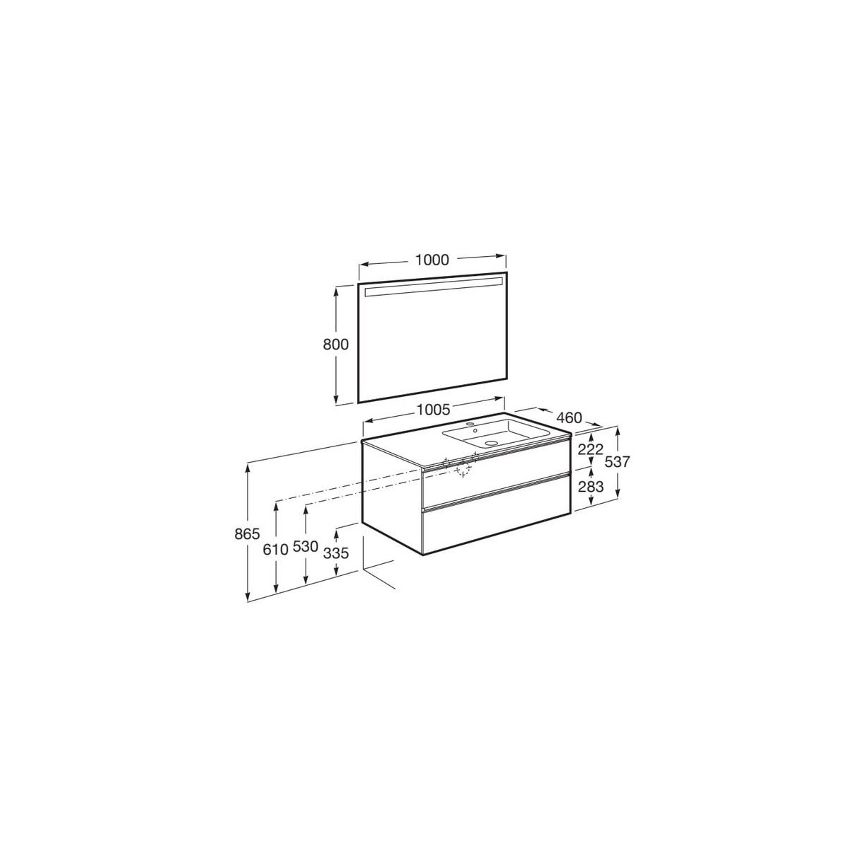 The Gap Pack 2T Lavabo À Droite (Unik+Miroir) 1000Mm Blanc Mat/Poignées Noires - ROCA A851515509 