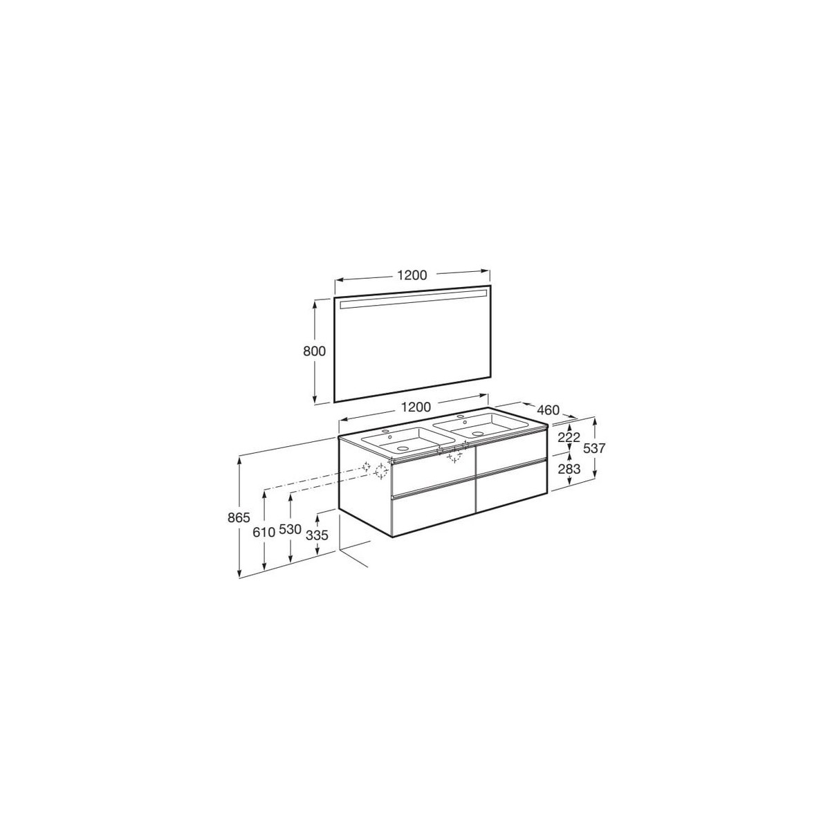 The Gap Pack 4 Tiroirs (Unik+Miroir) 1200Mm Noyer/Poignées Noires - ROCA A851516517 