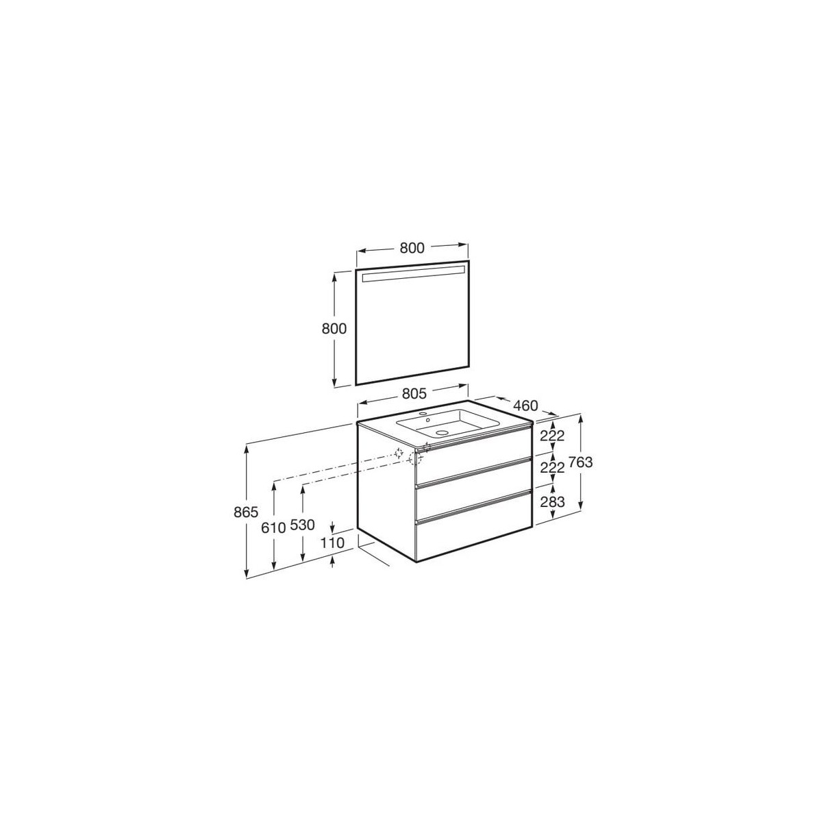 The Gap Pack 3 Tiroirs (Unik+Miroir) 800Mm Noyer/Poignées Noires - ROCA A851519517 