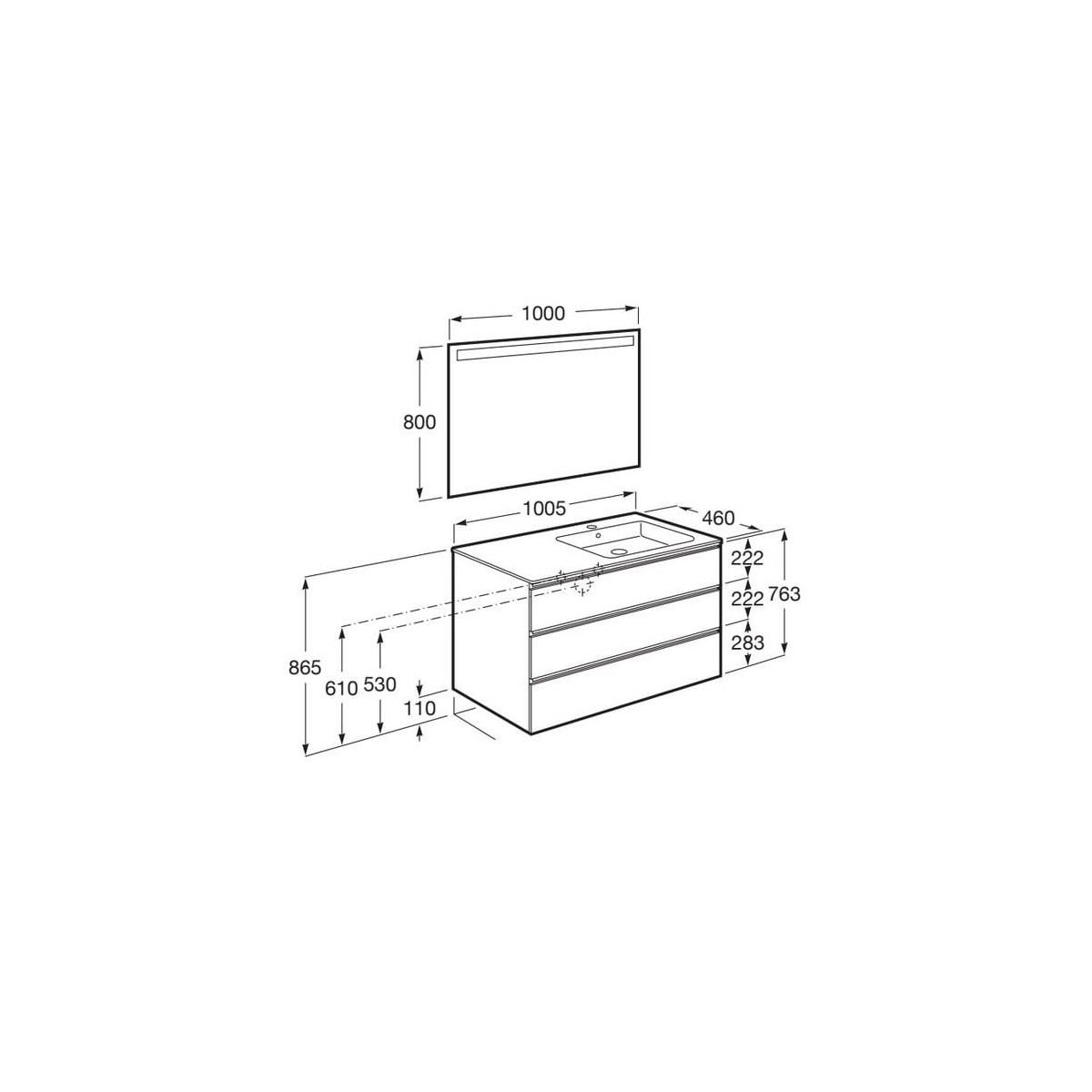 The Gap Pack 3T Lavabo À Droite (Unik+Miroir) 1000Mm Blanc Mat/Poignées Noires - ROCA A851523509 