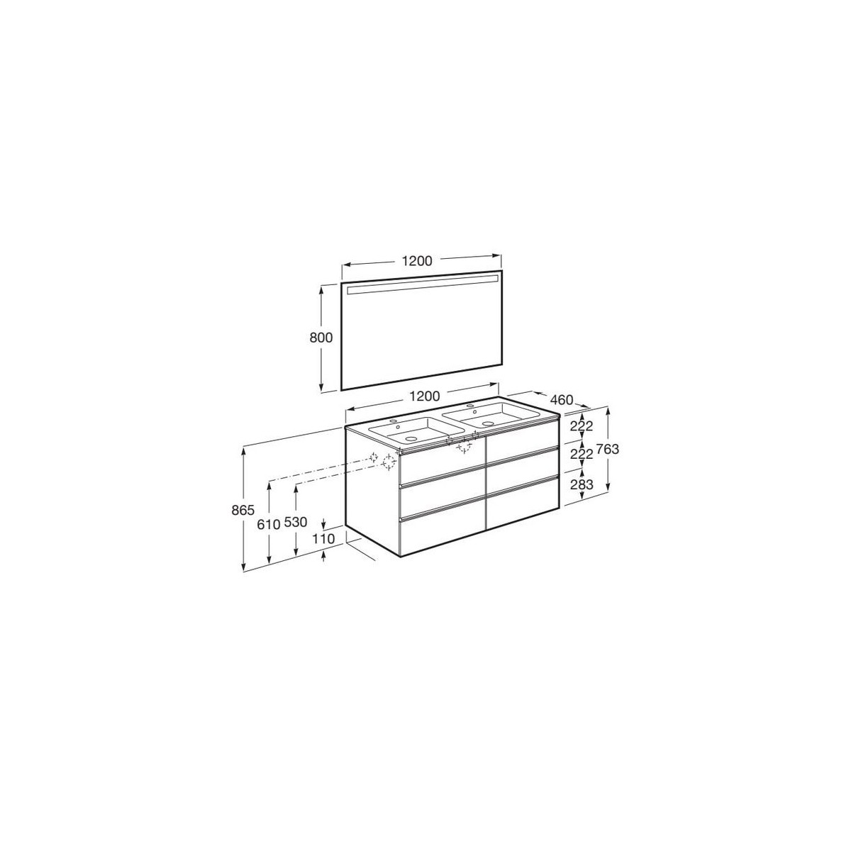 The Gap Pack 6 Tiroirs (Unik+Miroir) 1200Mm Blanc Mat/Poignées Noires - ROCA A851524509 