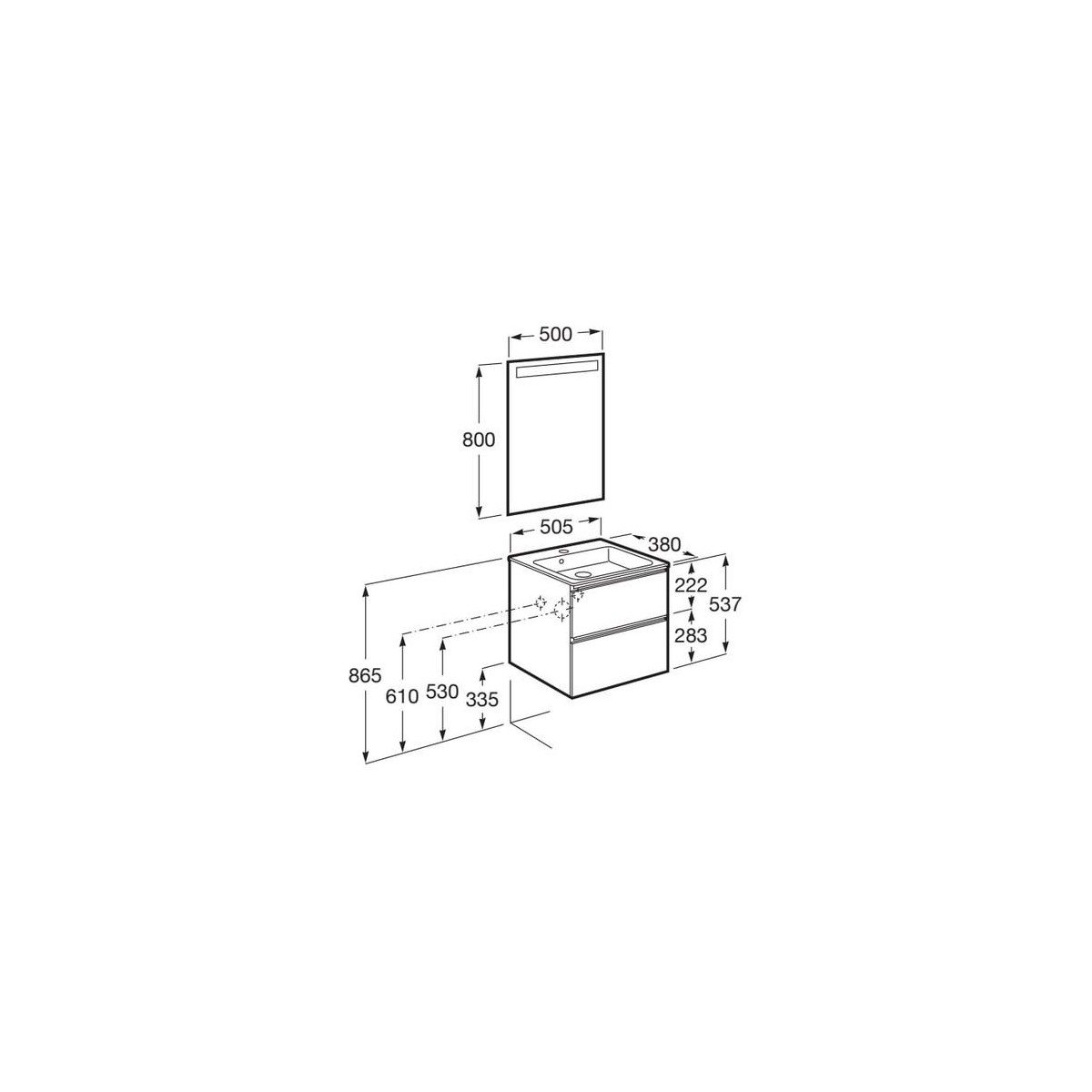 The Gap Pack Compact 2 Tiroirs (Unik+Miroir) 500Mm Bleu Mat/ Poignées Noires - ROCA A851525548 