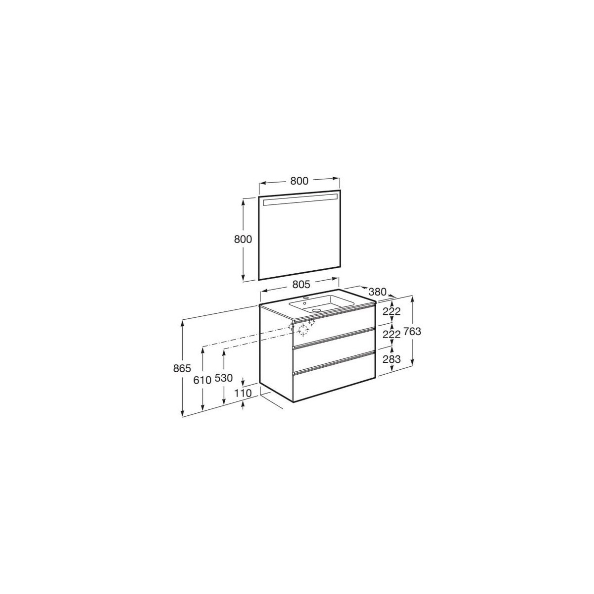 The Gap Pack Compact 3T (Unik+Miroir) 800Mm Gris Moyen Mat/Poignées Noires - ROCA A851530547 