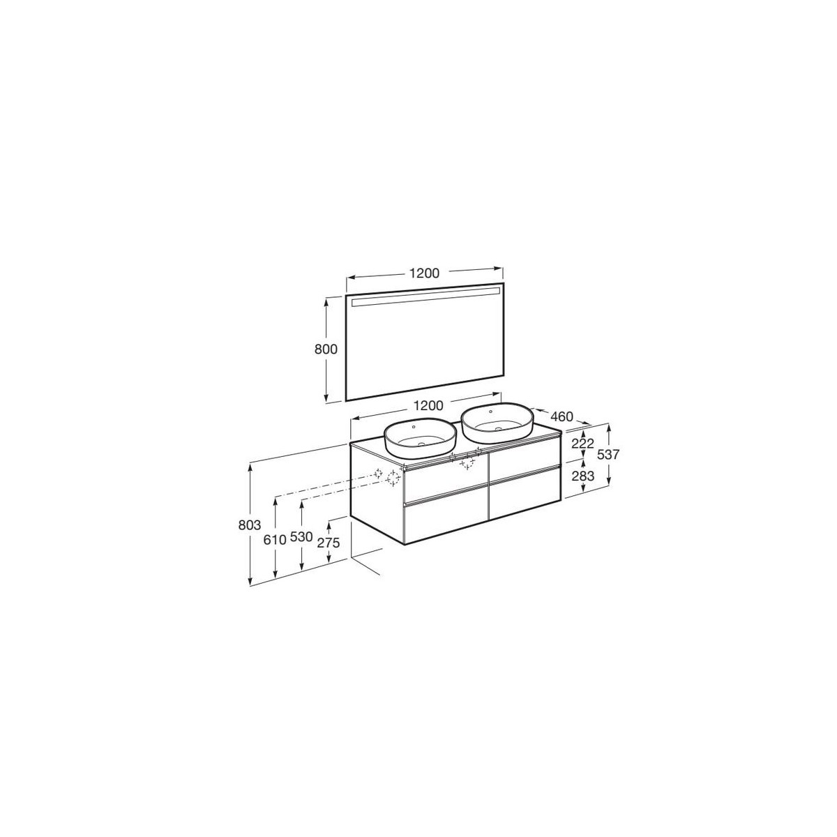 The Gap Pack Pour 2 Vasques À Poser 1200Mm Noyer/Poignées Noires - ROCA A851537517 
