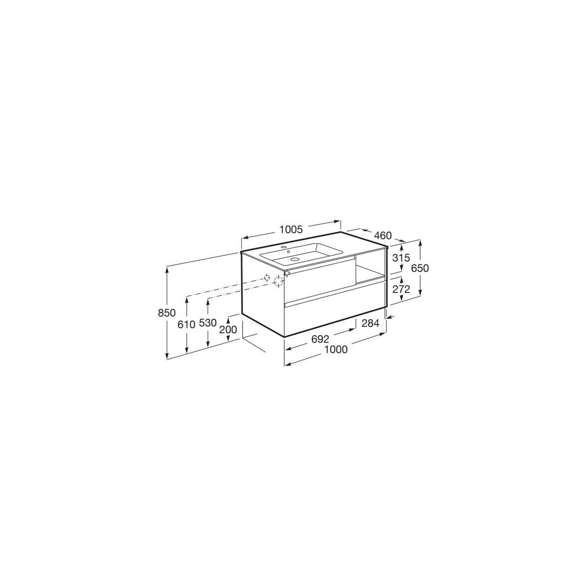 Tenue unik 2 tiroirs lavabo asymétrique gauche 1000mm blanc mat - ROCA A851936529 