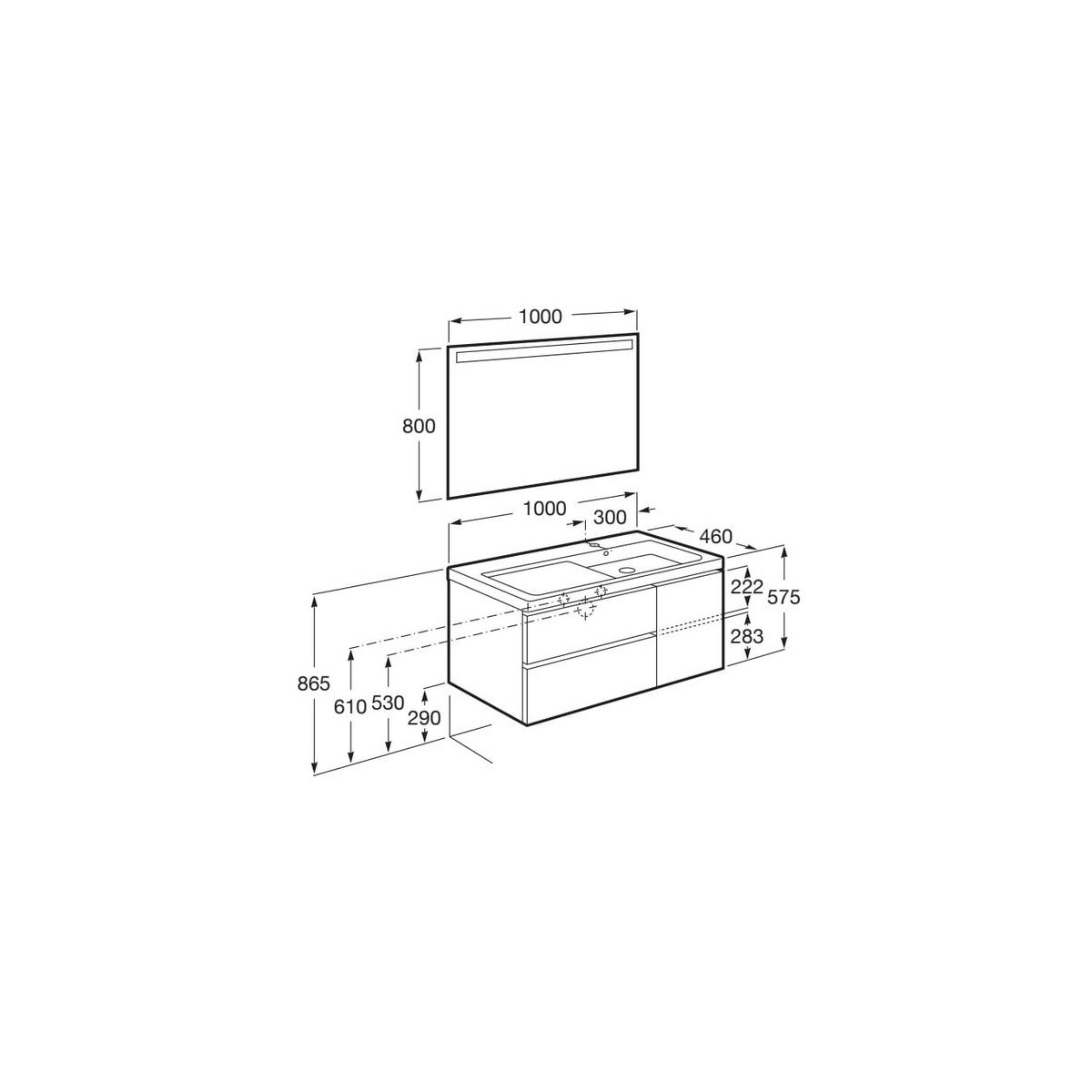 The gap unik 2 tiroirs lavabo asym gche 1000 mm frêne nordic/poignées nickel mat - ROCA A851966434 