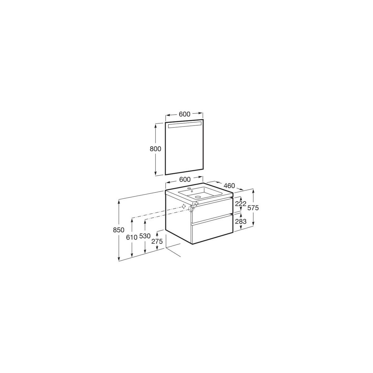 The gap pack 2 tiroirs lavabo mural (unik+miroir) 600mm noyer/poignées noires - ROCA A851974517 