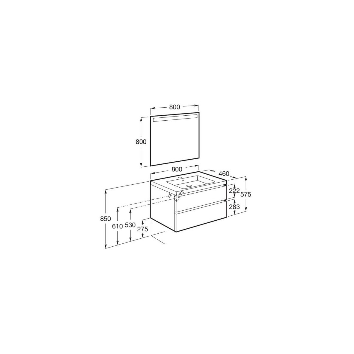 The gap pack 2t lavabo mural (unik+miroir) 800mm city oak/poignées nickel mat - ROCA A851975402 