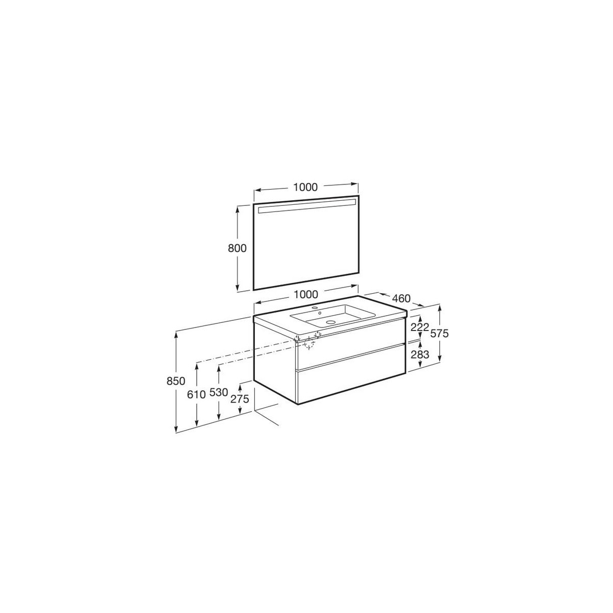 The gap pack 2t lavabo mural centré 1000mm blanc mat/poignées noires - ROCA A851976509 