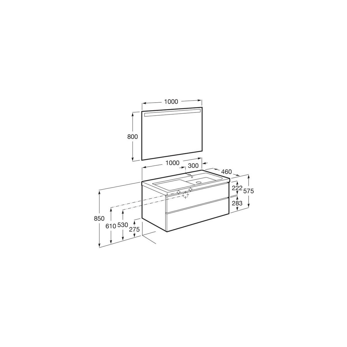 The gap pack 2t lavabo mural droite (unik+miroir) 1000mm noyer/poignées noires - ROCA A851978517 